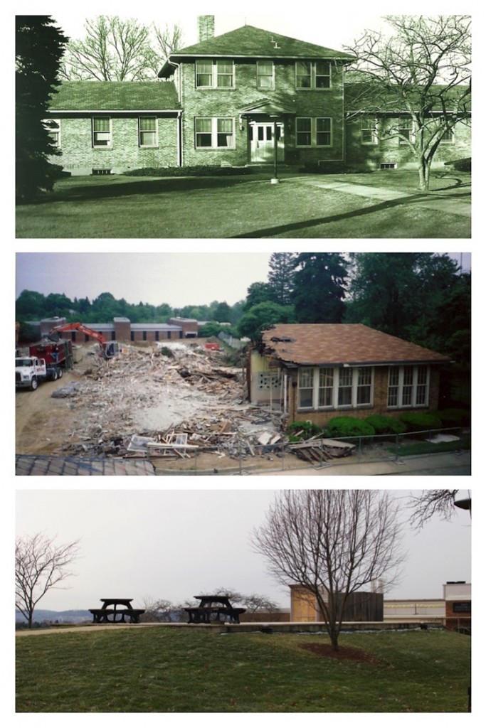 (From top - bottom) The original Administration Building on the Penn State campus, after is was acquired from the sanatorium; the building during demolition; the concrete slab - all that’s left today of the sanatorium. (Top two photos courtesy of Penn State Beaver)